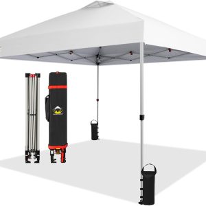 CROWN SHADES 10x10 Pop Up Canopy - Beach Tent with One Push Setup - Easy Outdoor Sun Shade for Events, Parties, Camping - Gazebo with STO-N-Go Cover Bag, Silver Coated Top, White