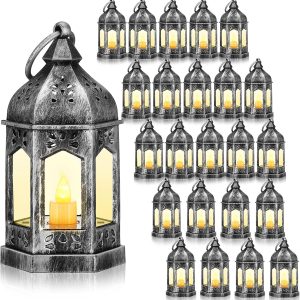 Hortsun 24 Pcs Vintage LED Lantern for Centerpiece Wedding Decorative Lantern with Flickery Candle Battery Powered Wedding Festival Hanging Tealight Ramadan Christmas Party Decoration(Silver)